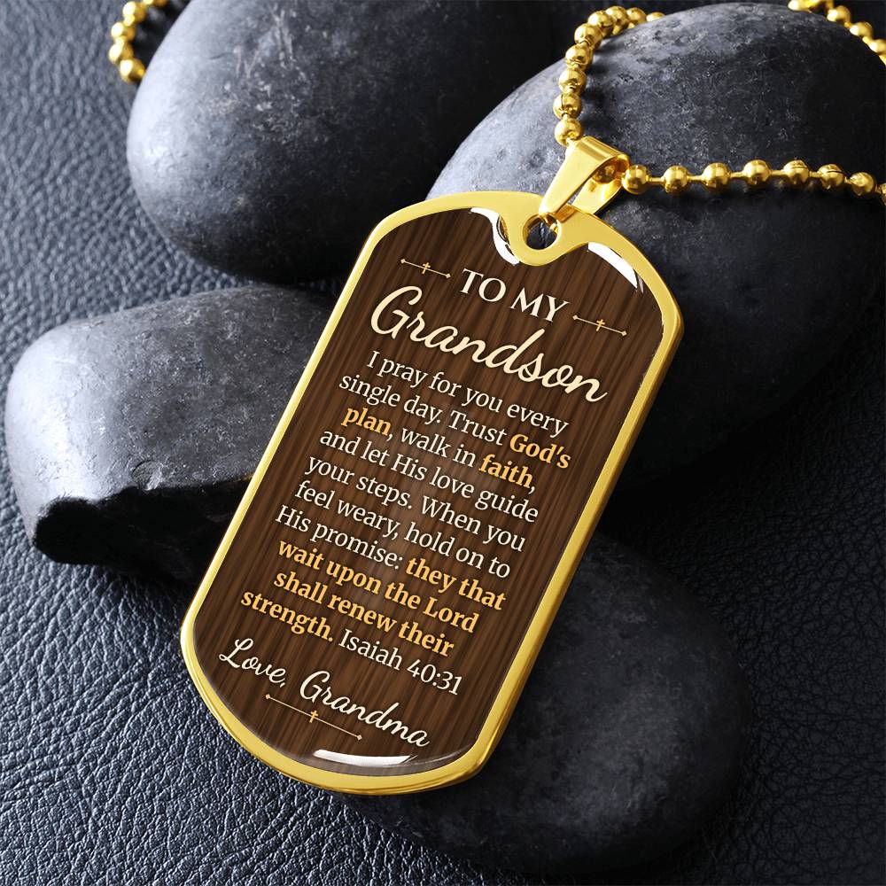 To My Grandson Necklace from Grandma – gold dog tag necklace on dark stones