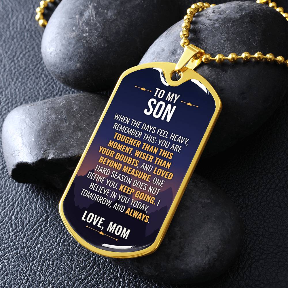 To My Son Necklace from Mom – gold dog tag necklace on dark stones