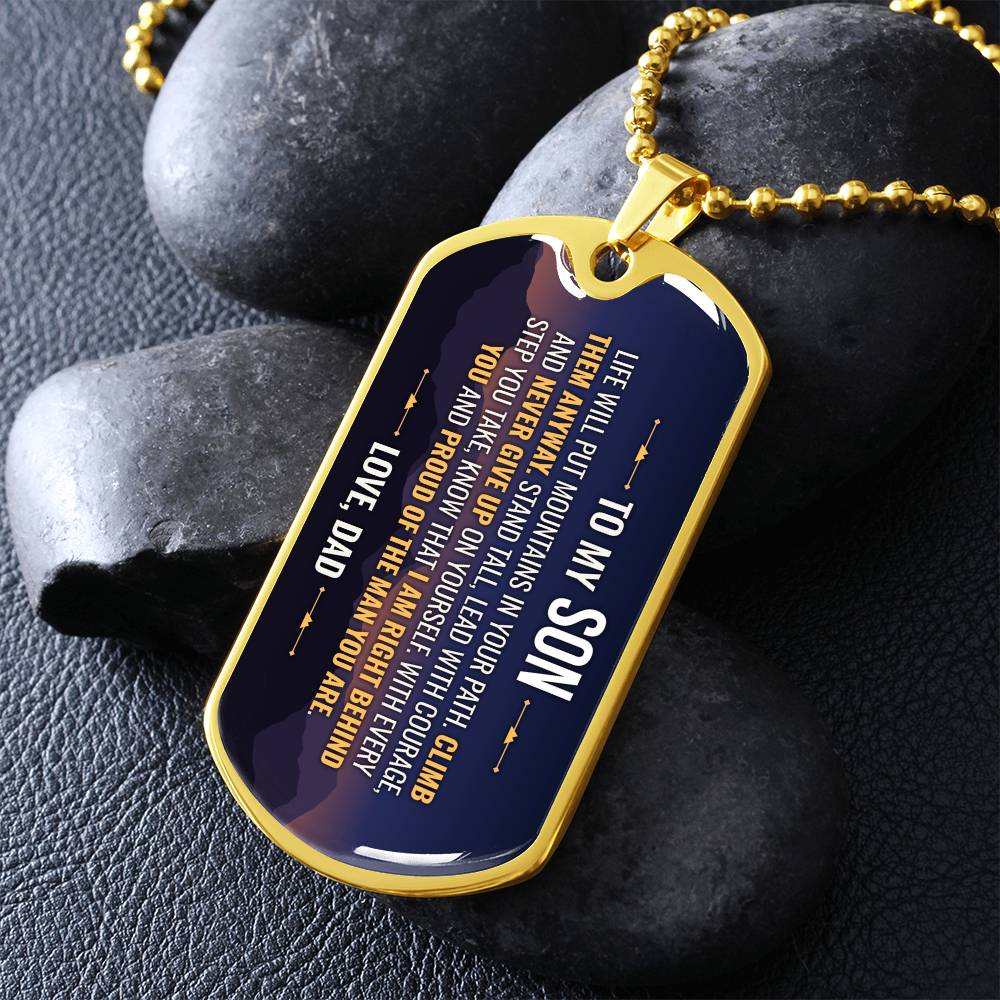 To My Son Necklace from Dad – gold dog tag necklace on dark stones