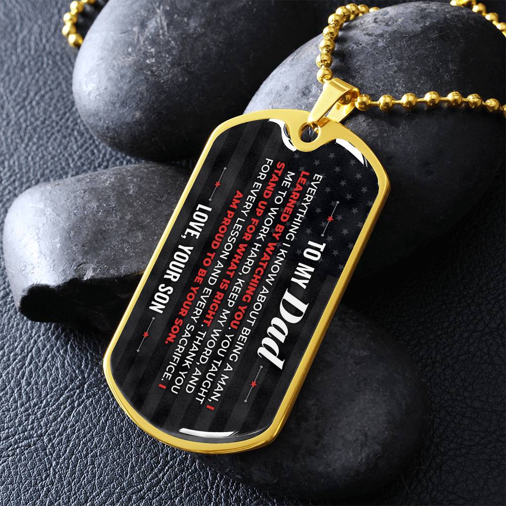 To My Dad Necklace from Son – gold dog tag necklace on dark stones