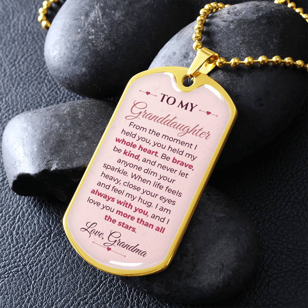 To My Granddaughter Necklace from Grandma – gold dog tag necklace on dark stones