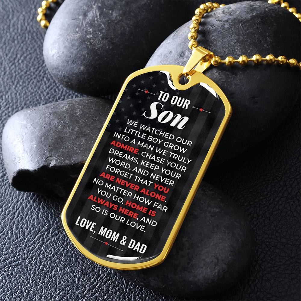 To Our Son Necklace from Mom & Dad – gold dog tag necklace on dark stones