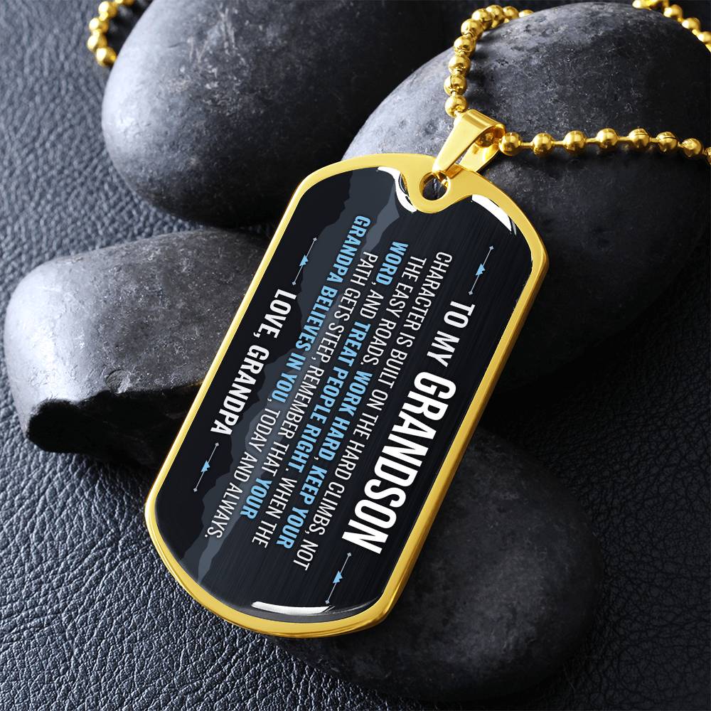 To My Grandson Necklace from Grandpa – gold dog tag necklace on dark stones