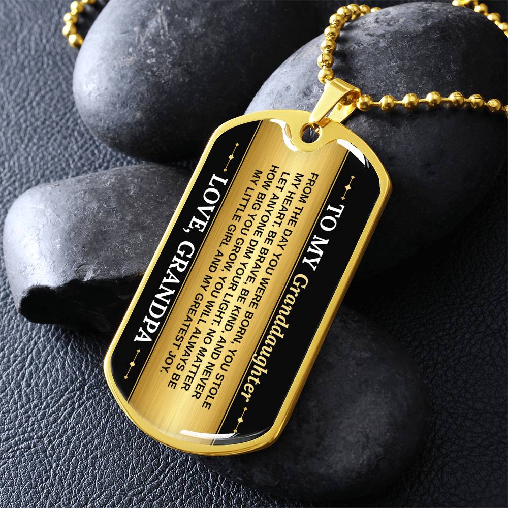 To My Granddaughter Necklace from Grandpa – gold dog tag necklace on dark stones