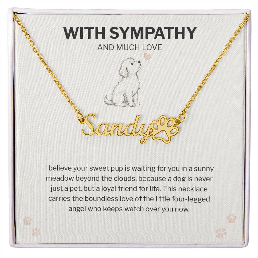 Dog Memorial Paw Print Name Necklace — Pet Loss Remembrance Sympathy Gift with Card