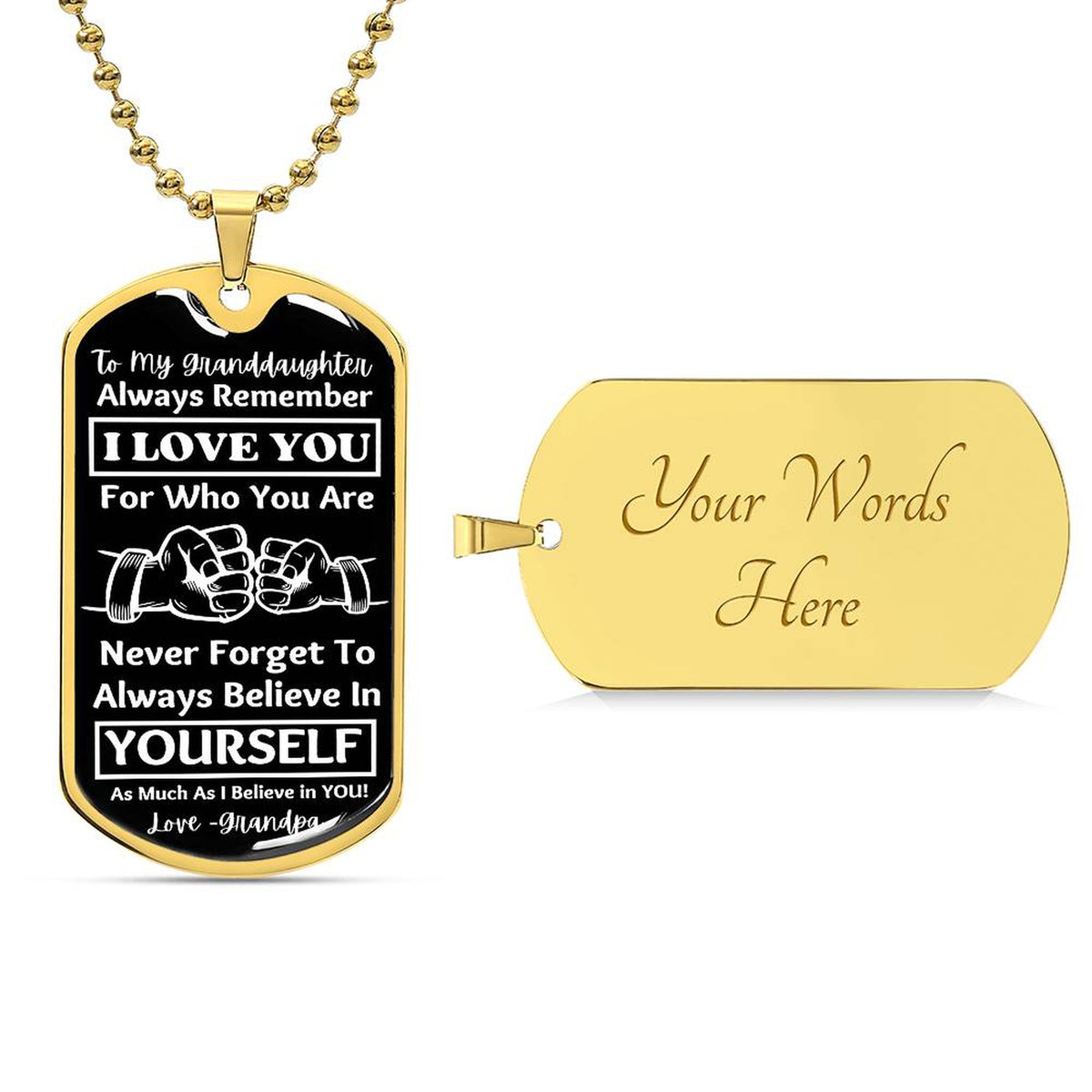 Front of the gold To My Granddaughter tag beside an engravable gold back