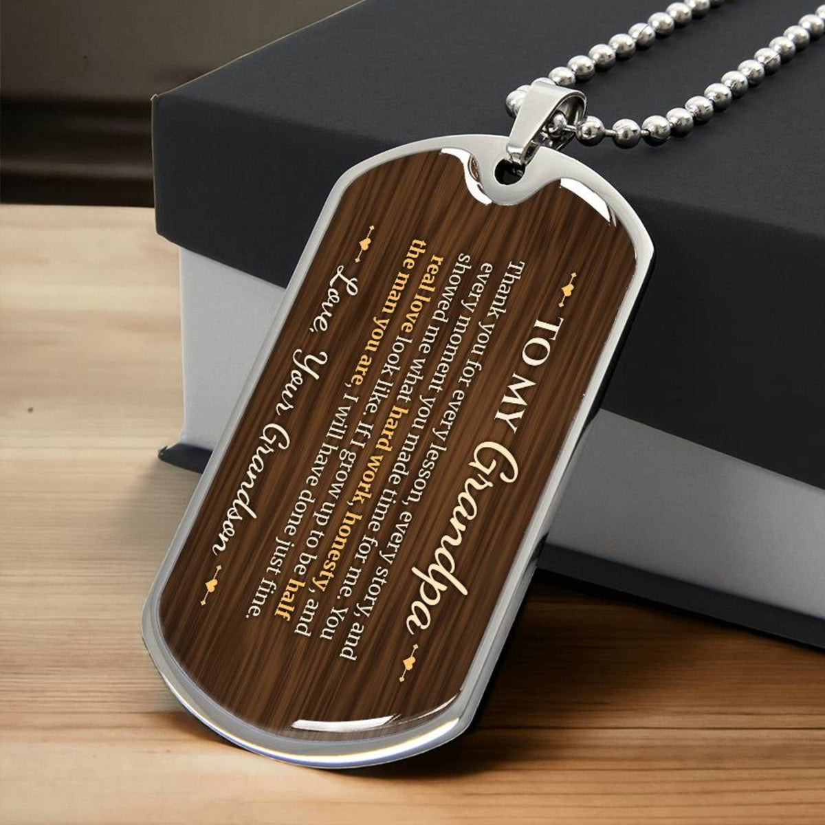 To My Grandpa Necklace from Grandson – close-up of the dog tag message