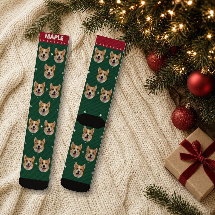 Custom pet face socks in Evergreen with a corgi photo repeated and the name MAPLE on the red cuff, on a knit blanket by the Christmas tree