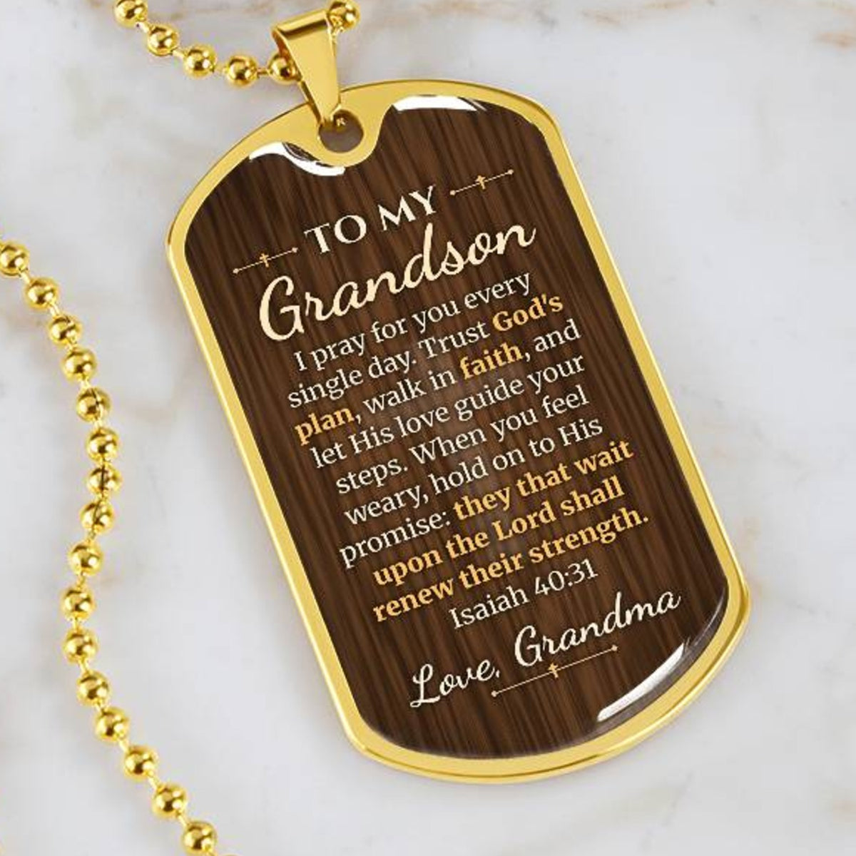 To My Grandson Necklace from Grandma – close-up of the dog tag message