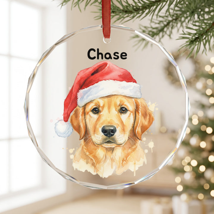 Custom pet ornament with photo, round crystal glass Christmas ornament showing a dog in a Santa hat with the name Chase