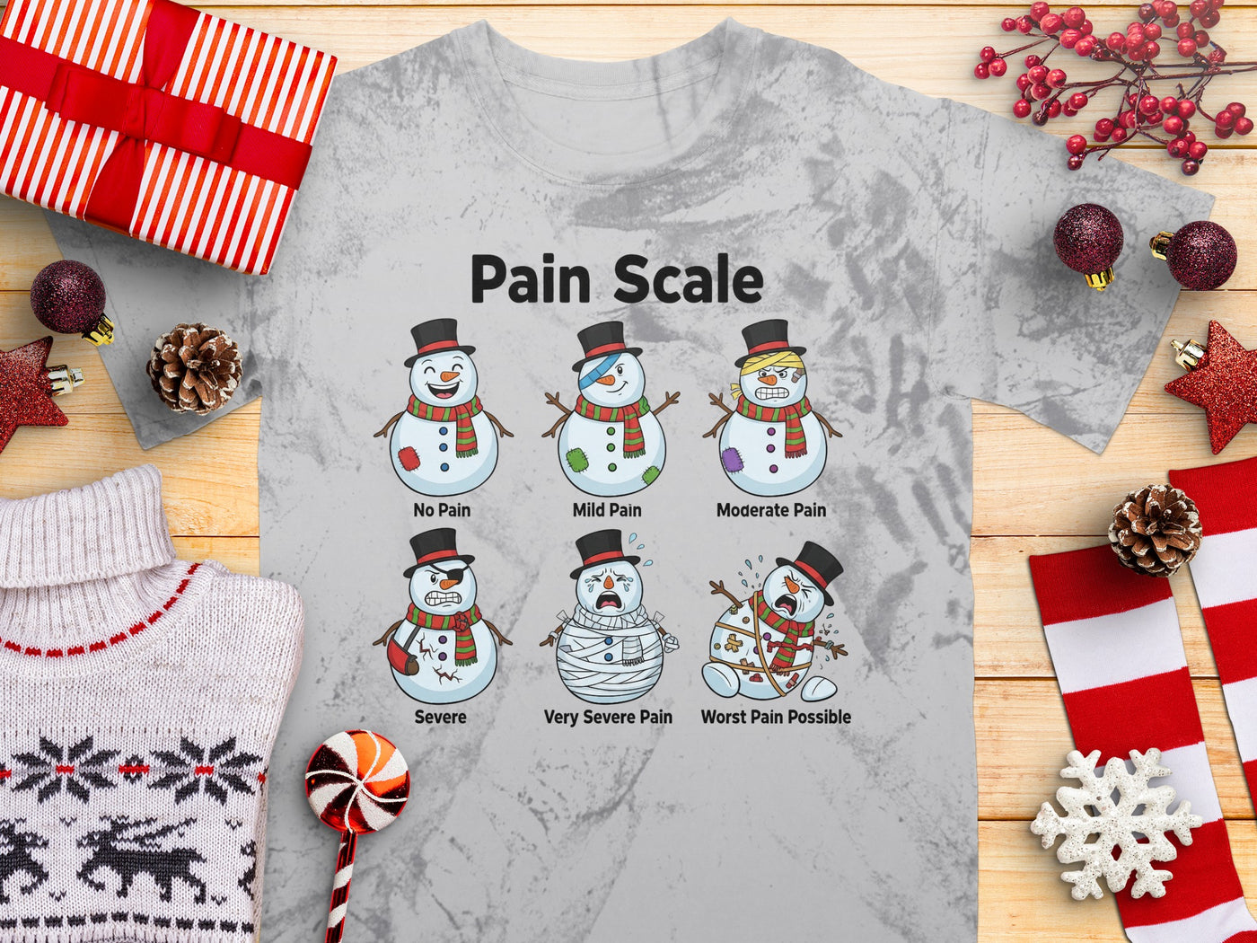 Funny Snowman Pain Scale Graphic T-Shirt