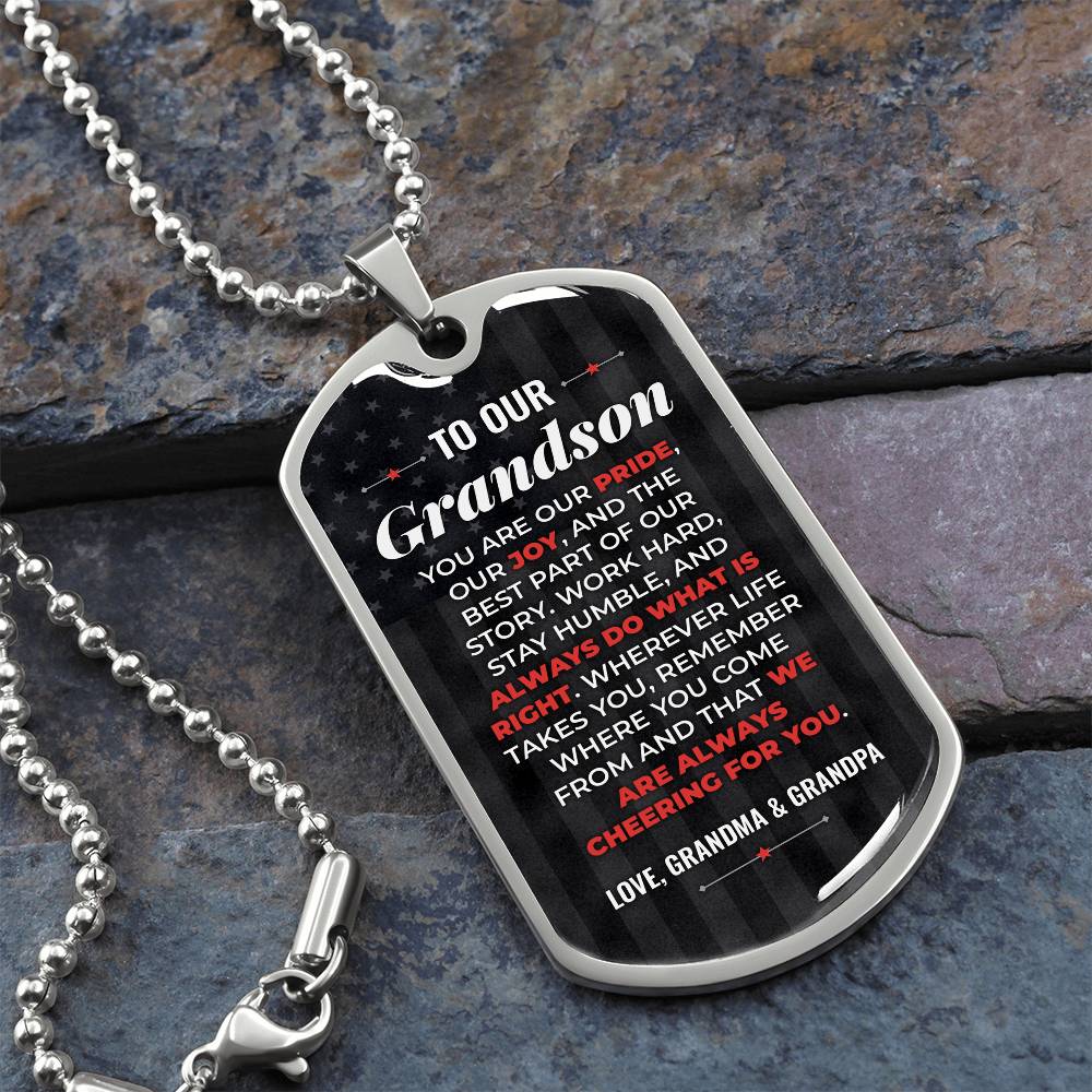 To Our Grandson Necklace from Grandma & Grandpa – silver dog tag necklace on slate with military ball chain