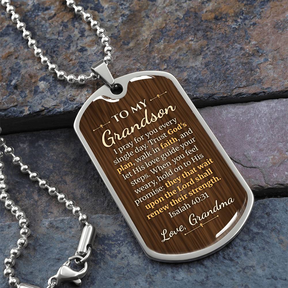 To My Grandson Necklace from Grandma – silver dog tag necklace on slate with military ball chain