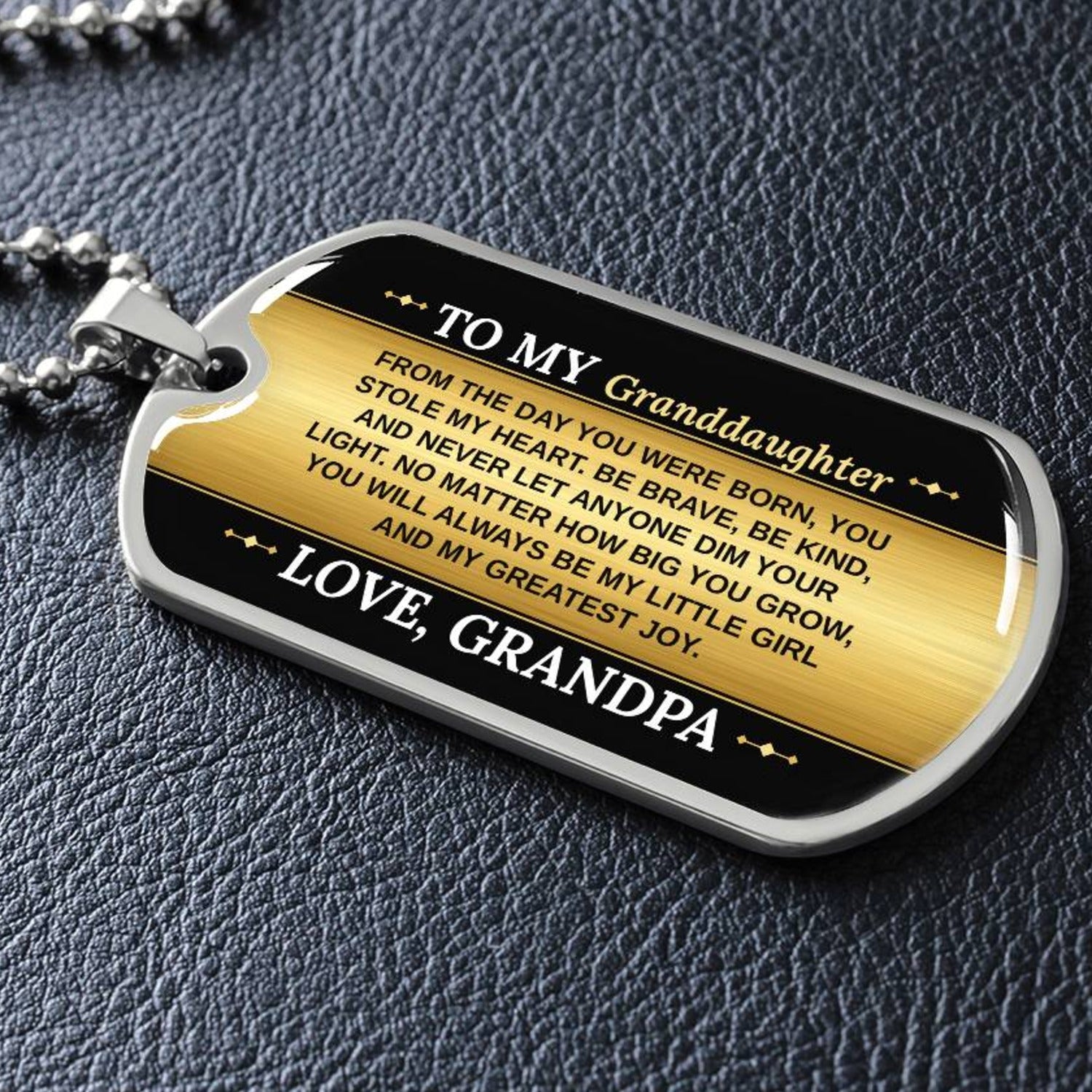 To My Granddaughter Necklace from Grandpa – close-up of the dog tag message