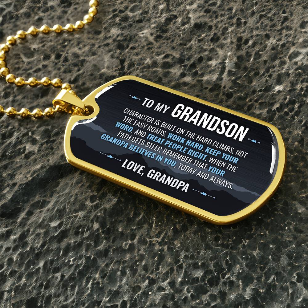 To My Grandson Necklace from Grandpa – gold dog tag necklace on dark stones