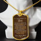 To My Bonus Son Necklace from Bonus Mom – gold dog tag necklace displayed on a bust