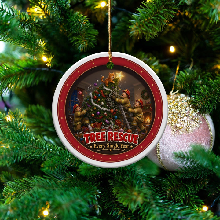 A round Christmas ornament hangs on a tree, featuring firefighters rescuing a cat from a toppled tree with text reading Tree Rescue Every Single Year.