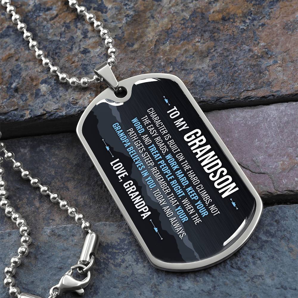 To My Grandson Necklace from Grandpa – silver dog tag necklace on slate with military ball chain