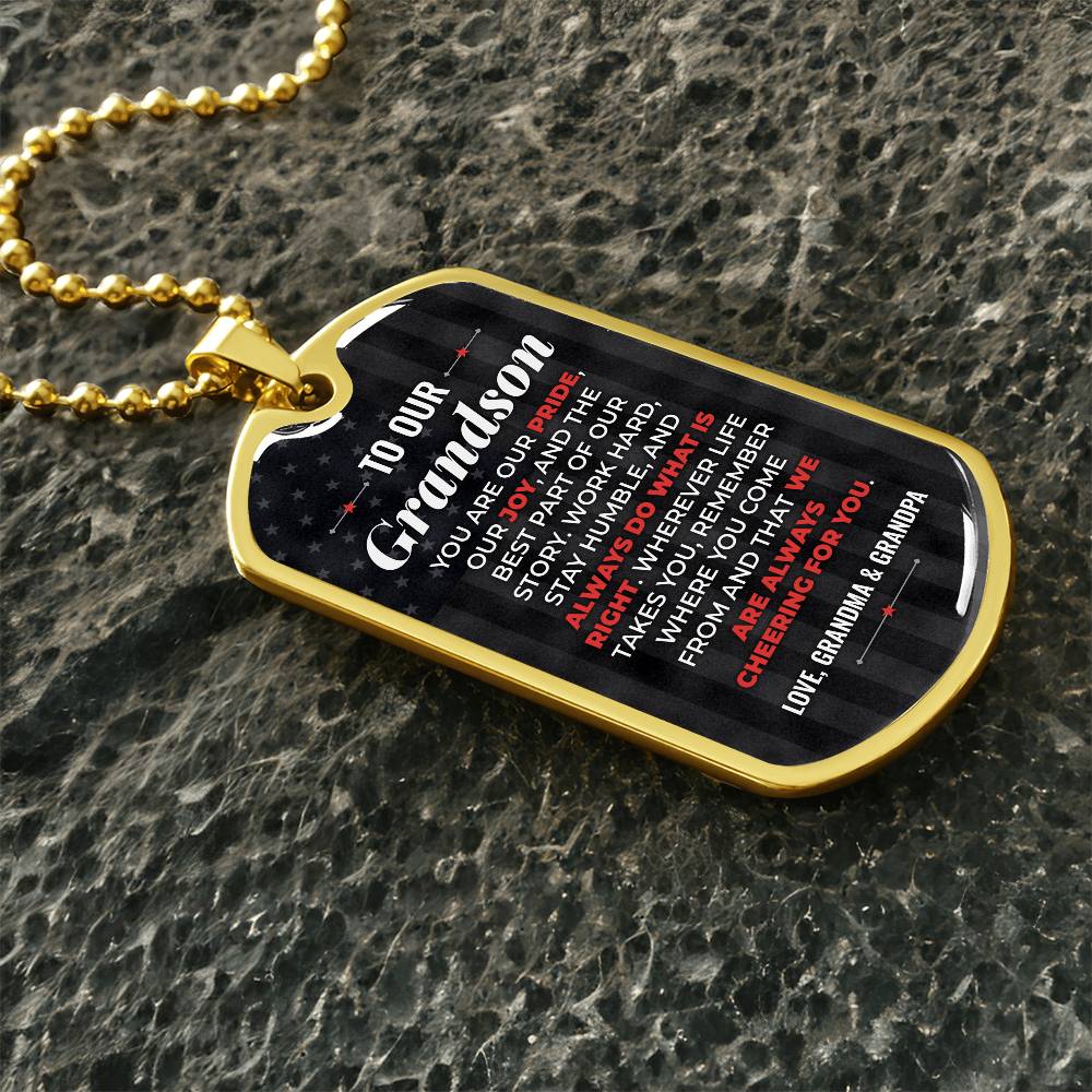 To Our Grandson Necklace from Grandma & Grandpa – gold dog tag necklace on dark stones