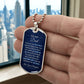To My Dad Necklace from Daughter – silver dog tag held in hand to show size