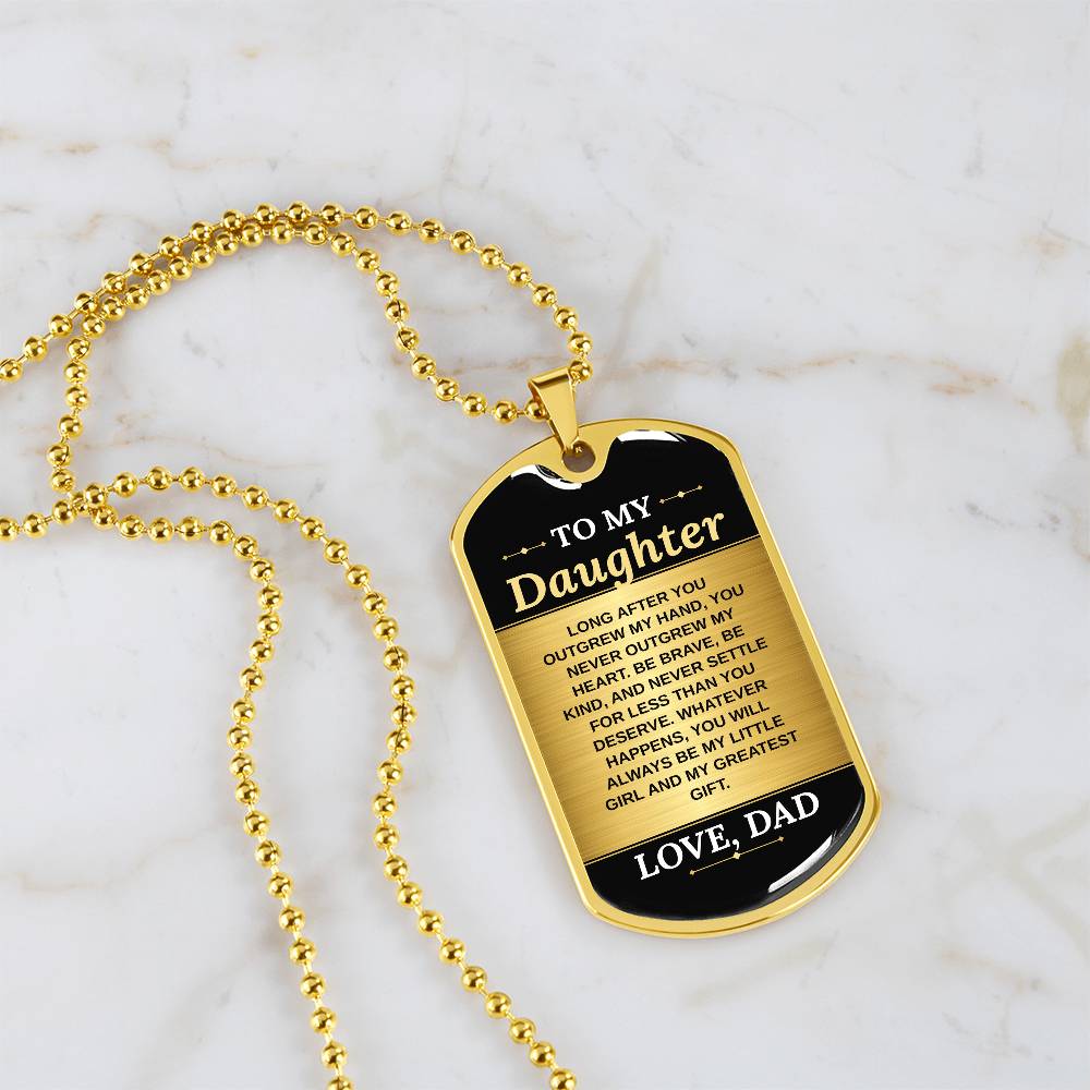 To My Daughter Necklace from Dad – 18k gold finish dog tag necklace on white marble