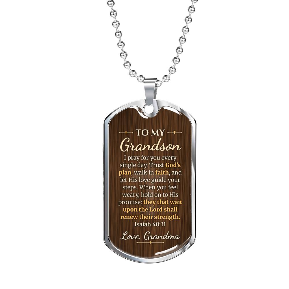 To My Grandson Necklace from Grandma – silver dog tag necklace on a white background