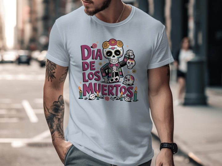Man wearing a light blue skeleton girl Dia de los Muertos T-shirt