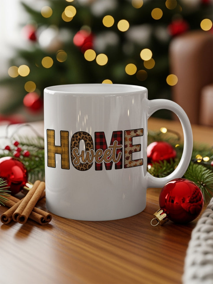 Buffalo plaid Home Sweet Home mug with pine, ornaments and cinnamon sticks
