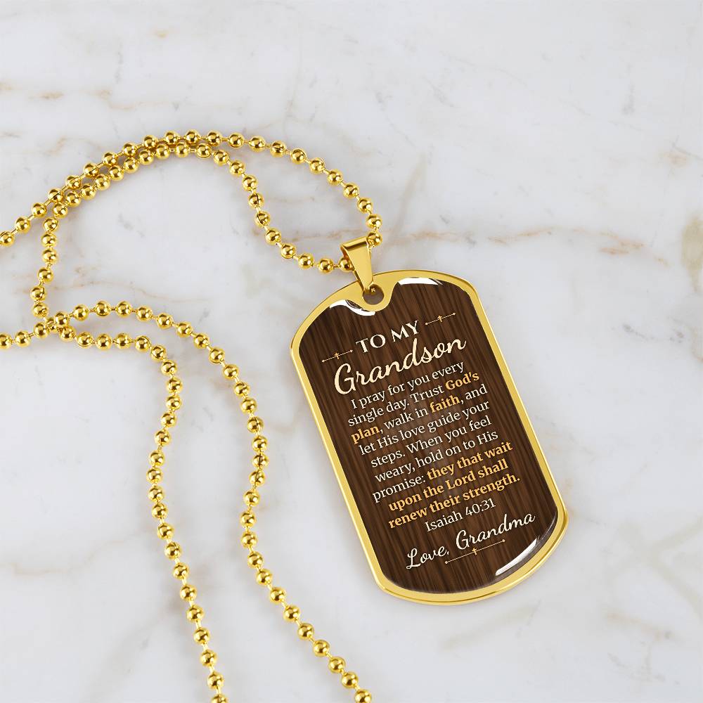 To My Grandson Necklace from Grandma – 18k gold finish dog tag necklace on white marble
