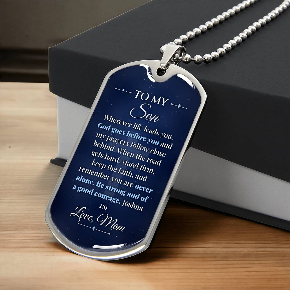 To My Son Necklace from Mom – silver dog tag necklace resting on a gift box