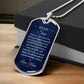 To My Son Necklace from Mom – silver dog tag necklace resting on a gift box
