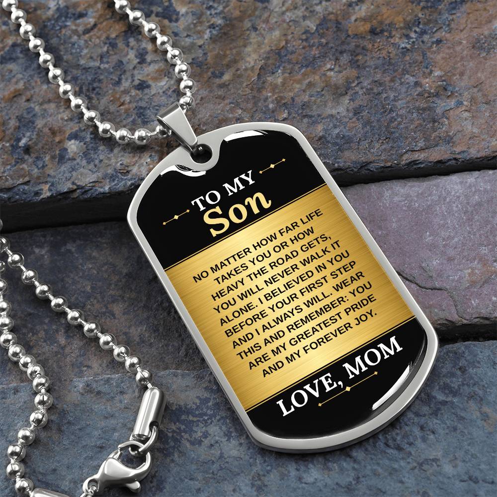 To My Son Necklace from Mom – silver dog tag necklace on slate with military ball chain