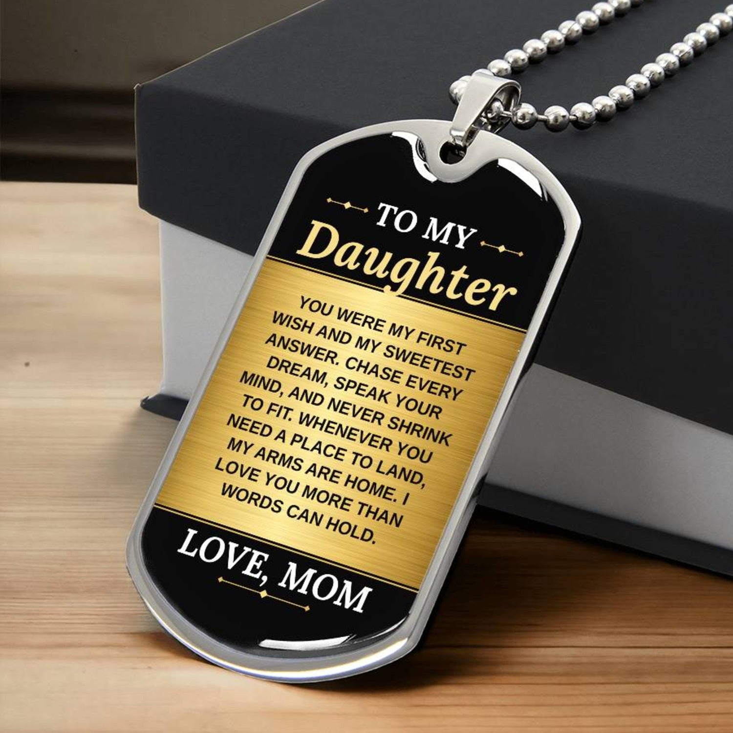 To My Daughter Necklace from Mom – close-up of the dog tag message