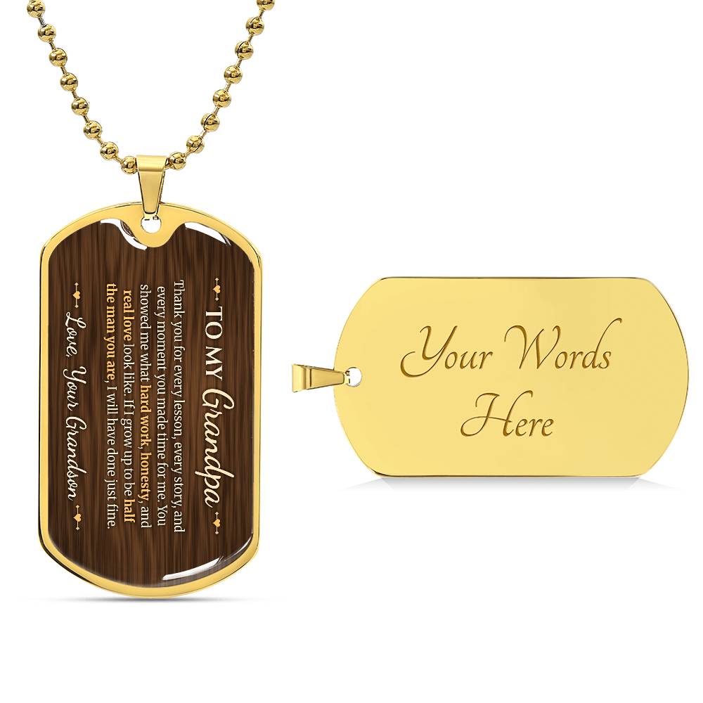 To My Grandpa Necklace from Grandson – 18k gold finish dog tag with optional custom engraving on the back