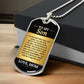 To My Son Necklace from Mom – silver dog tag necklace resting on a gift box