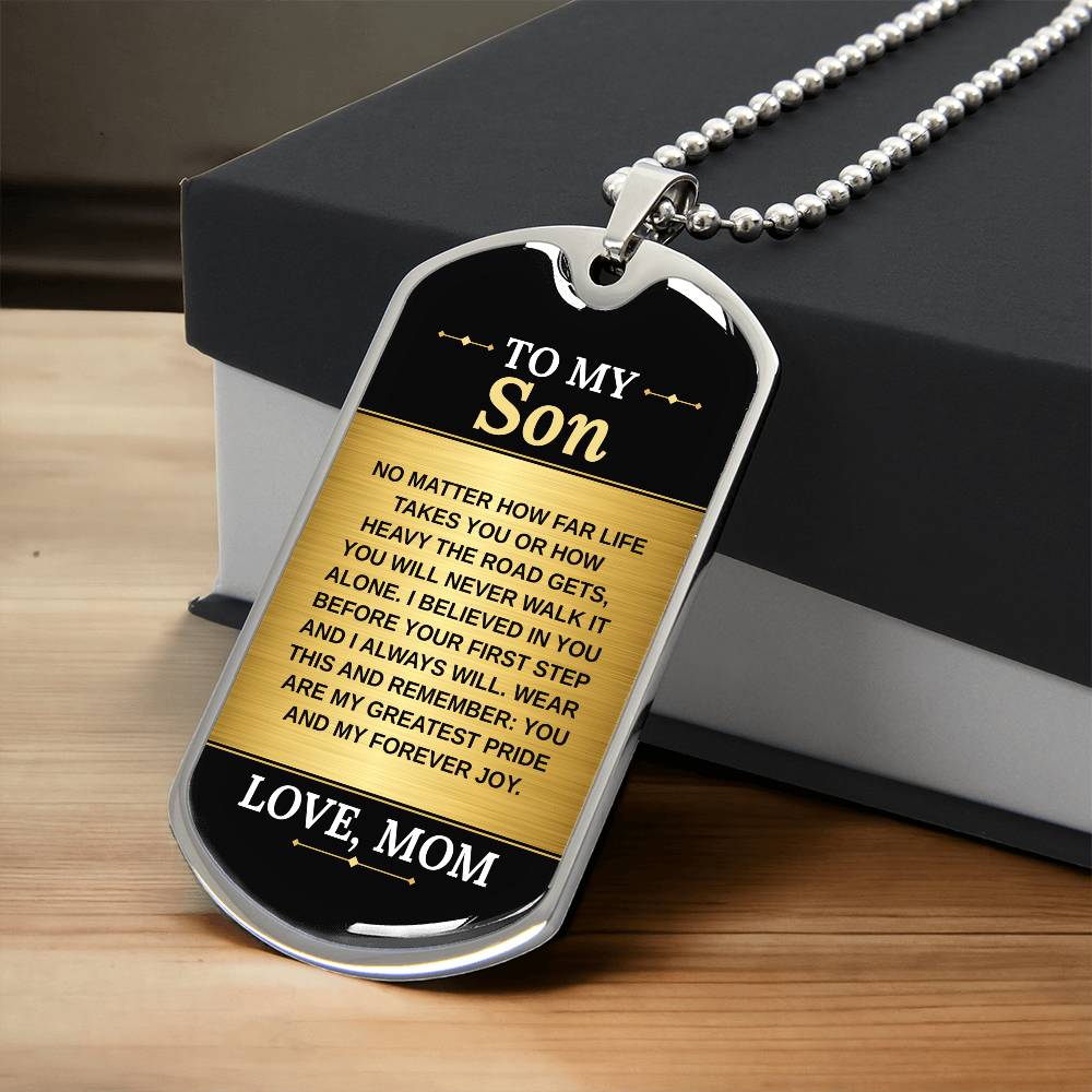 To My Son Necklace from Mom – silver dog tag necklace resting on a gift box
