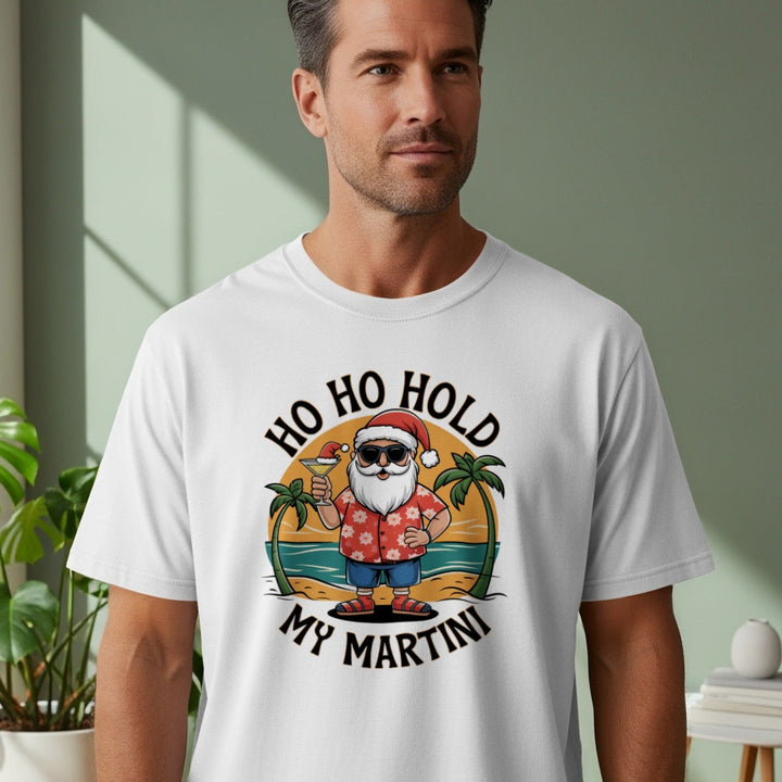 Tropical Christmas shirt with Santa holding a martini under palm trees