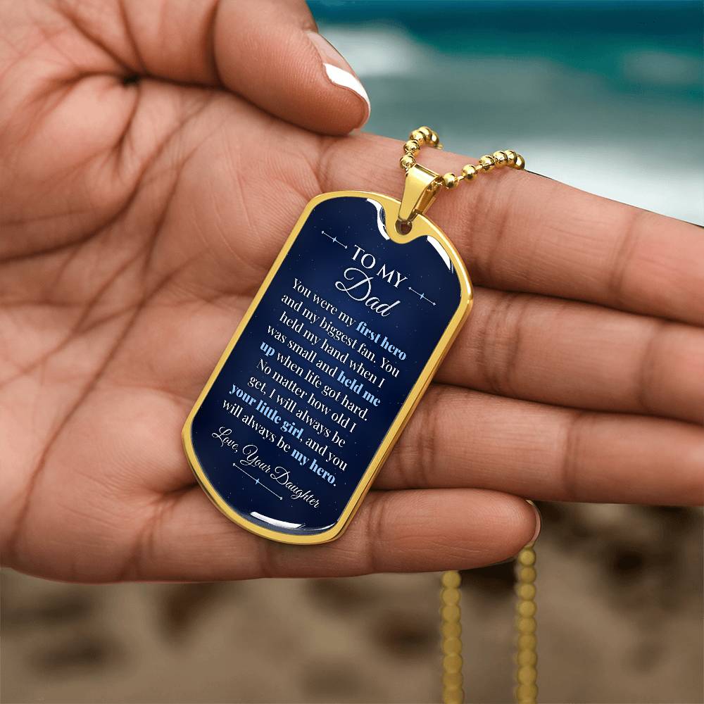 To My Dad Necklace from Daughter – gold dog tag held in hand to show size