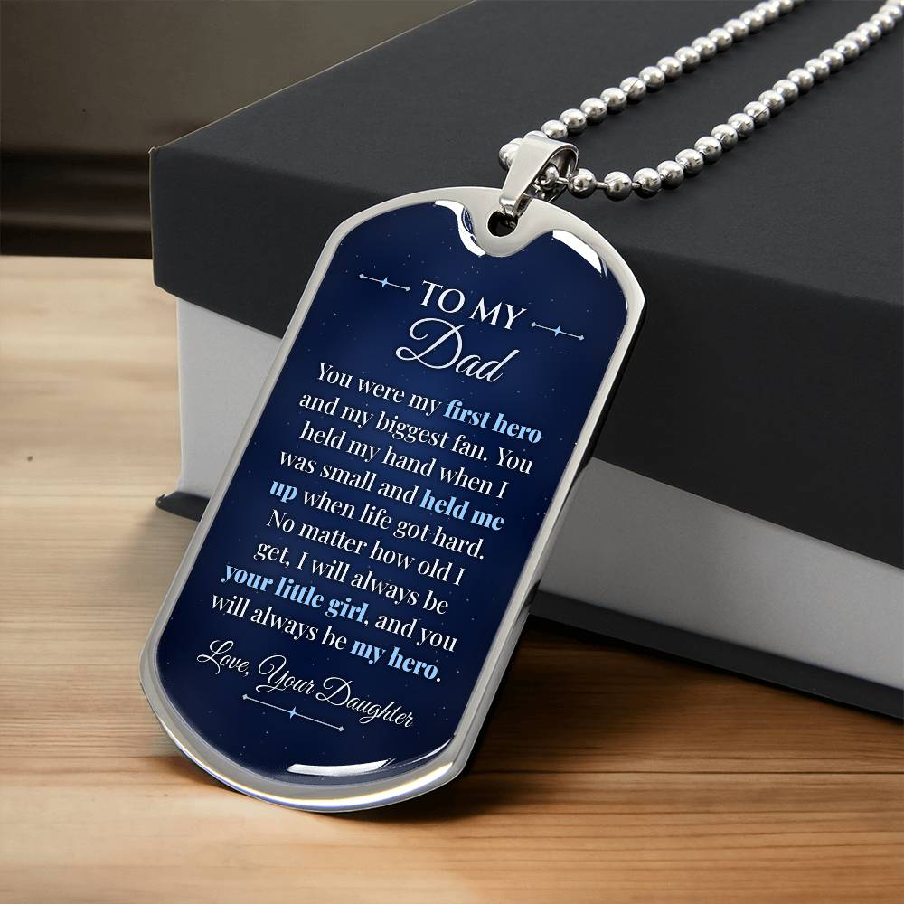 To My Dad Necklace from Daughter – silver dog tag necklace resting on a gift box