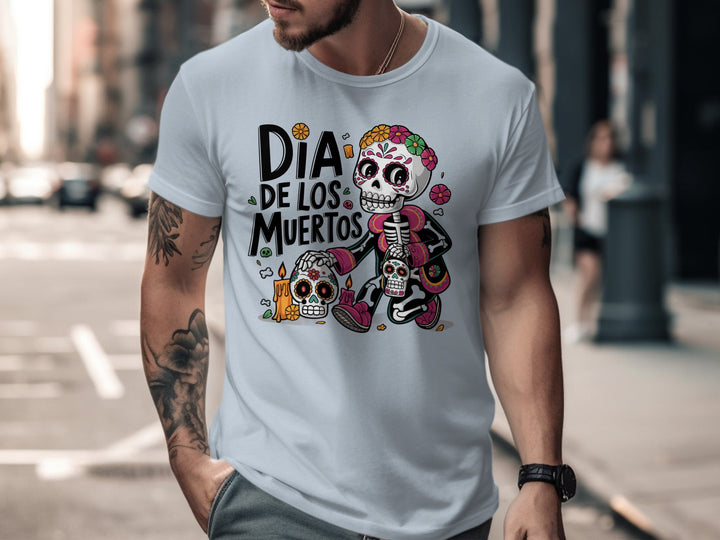 Man wearing a light blue skeleton lady Dia de los Muertos T-shirt