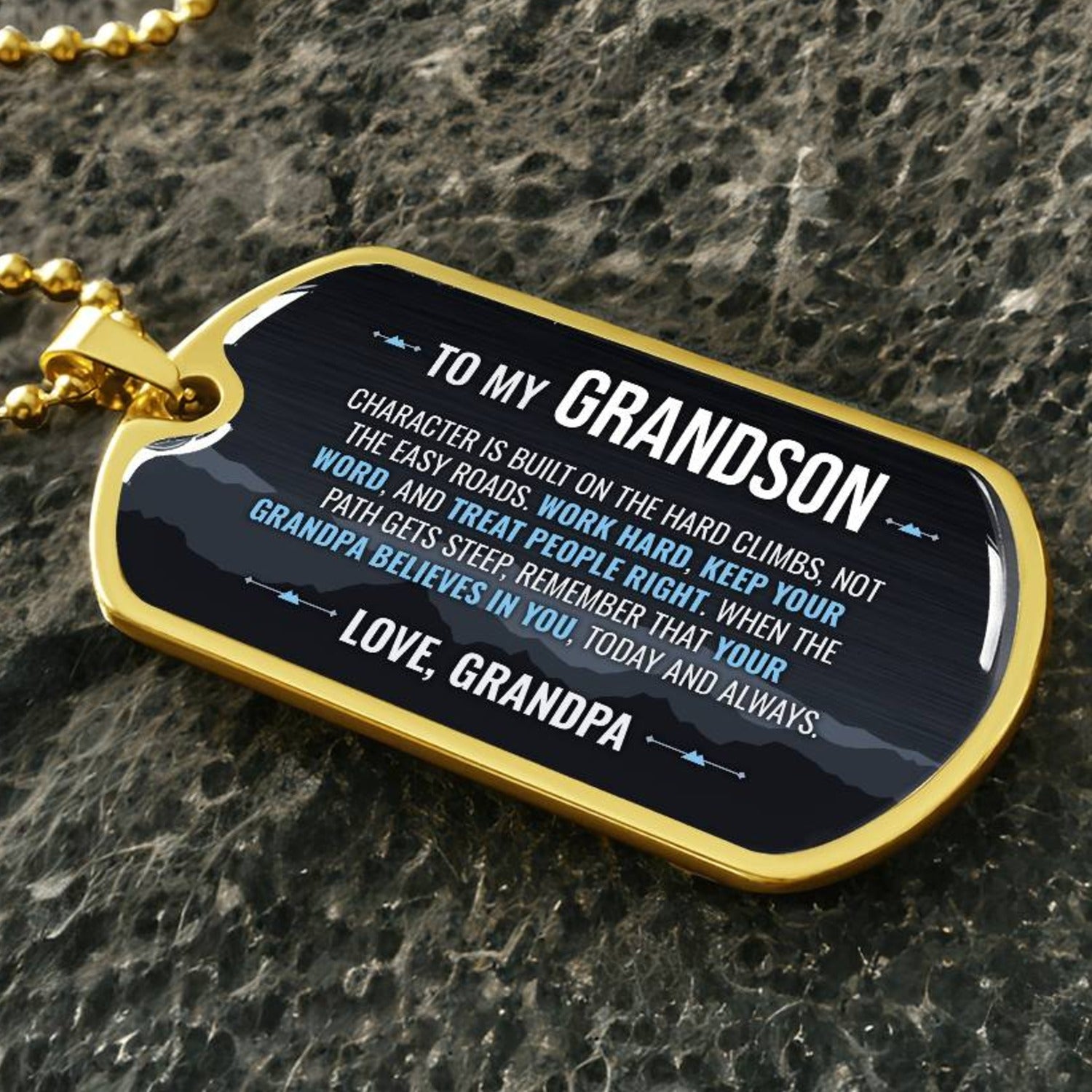 To My Grandson Necklace from Grandpa – close-up of the dog tag message