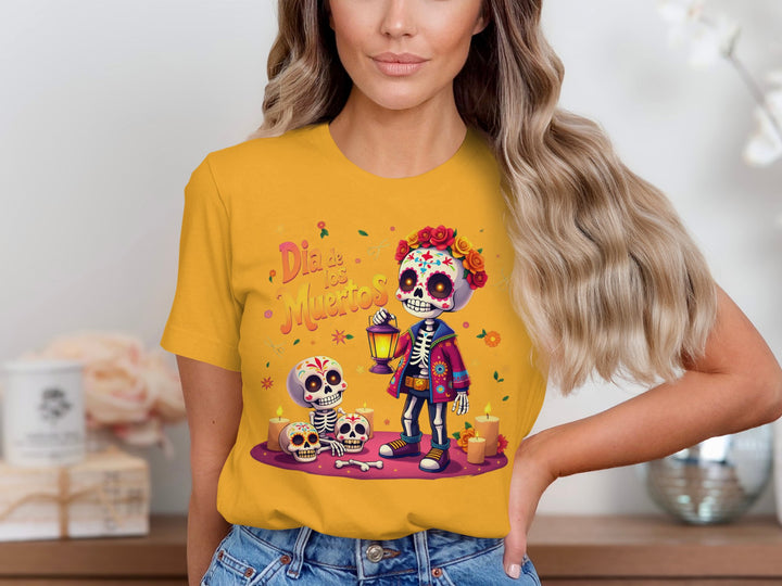 Woman wearing a gold skeleton family T-shirt