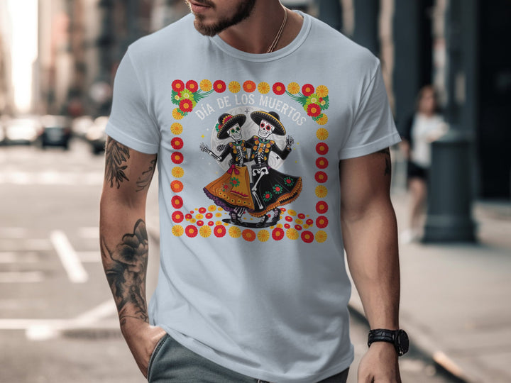 Man wearing a light blue dancing skeleton T-shirt