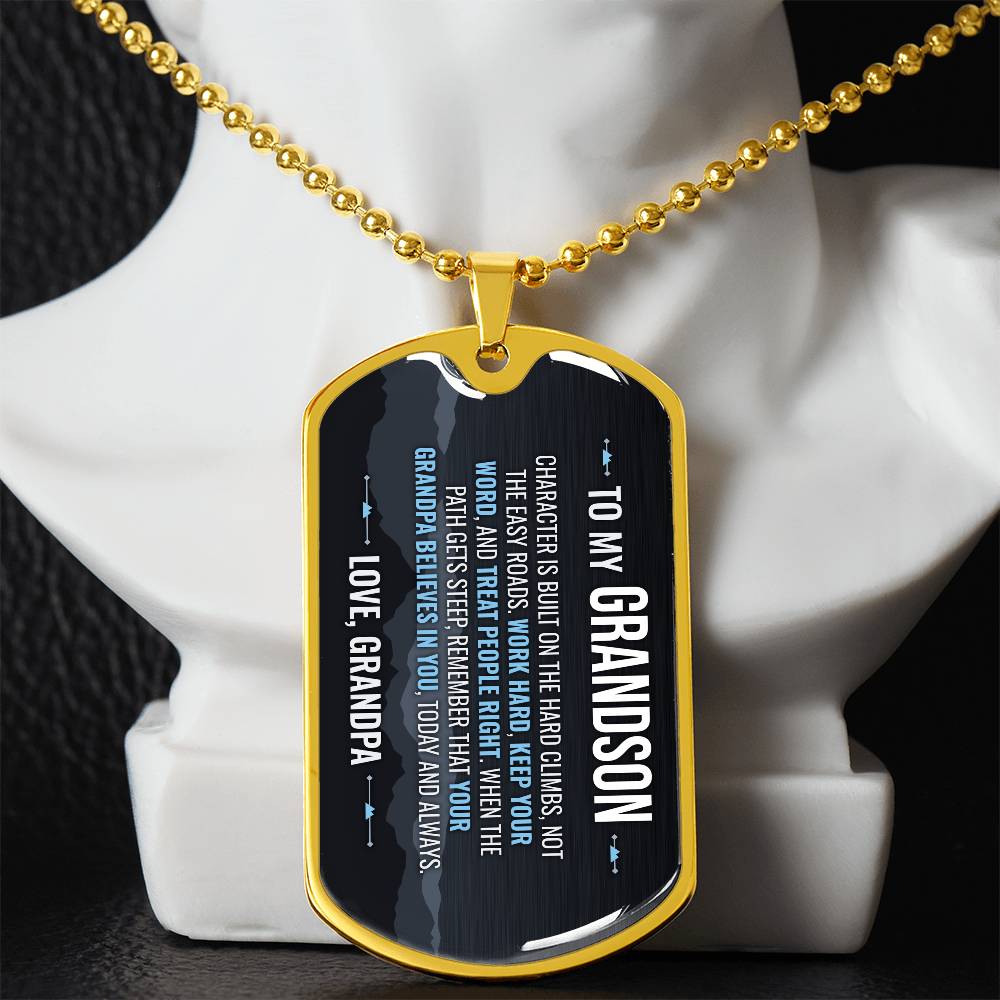 To My Grandson Necklace from Grandpa – gold dog tag necklace displayed on a bust