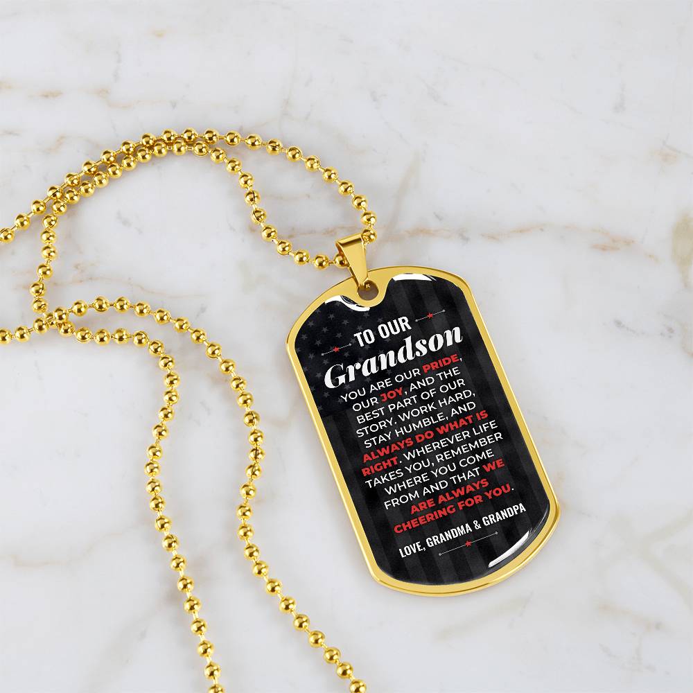 To Our Grandson Necklace from Grandma & Grandpa – 18k gold finish dog tag necklace on white marble