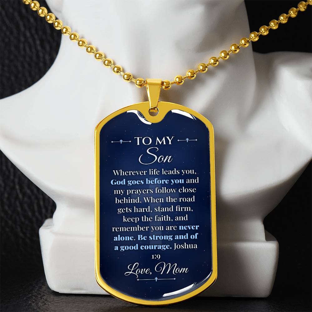 To My Son Necklace from Mom – gold dog tag necklace displayed on a bust