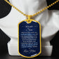 To My Son Necklace from Mom – gold dog tag necklace displayed on a bust