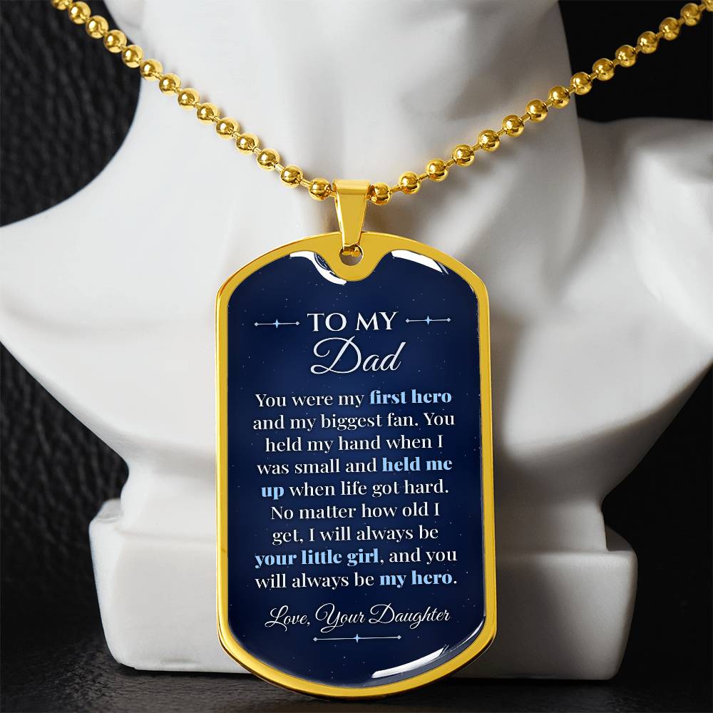 To My Dad Necklace from Daughter – gold dog tag necklace displayed on a bust