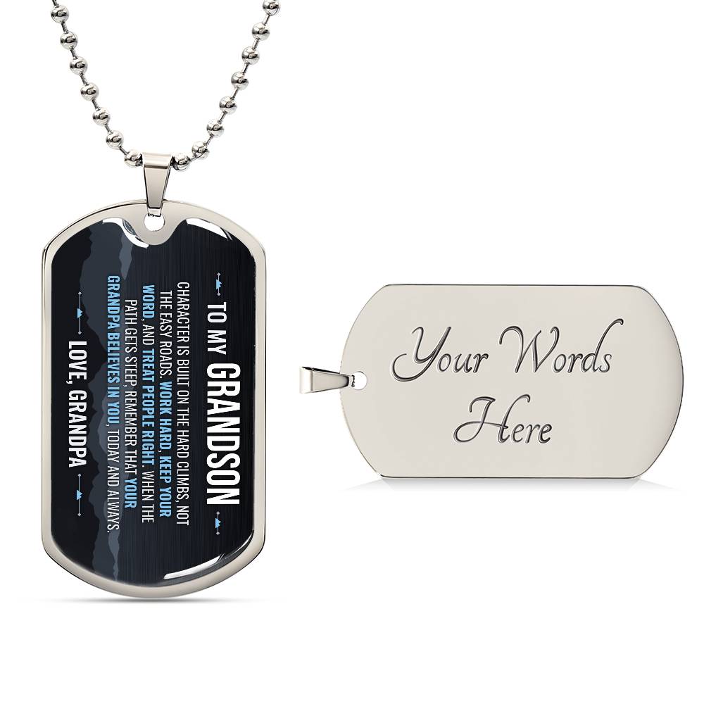 To My Grandson Necklace from Grandpa – silver dog tag with optional custom engraving on the back