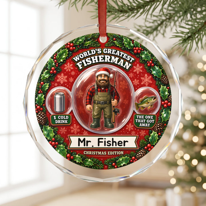 Round glass Christmas ornament featuring a bearded fisherman, a drink can, and a fish with holiday text.
